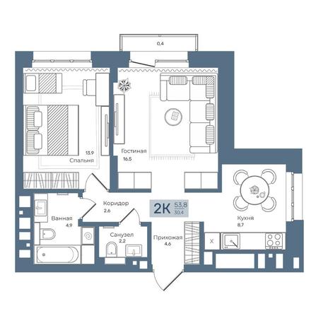 Вариант №7598, 2-комнатная квартира в жилом комплексе Заельцовский