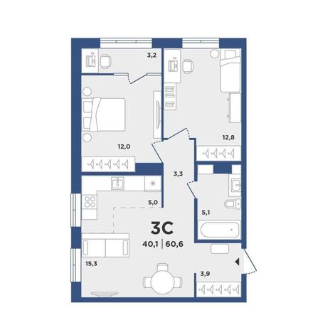 Вариант №10119, 3-комнатная квартира в жилом комплексе 