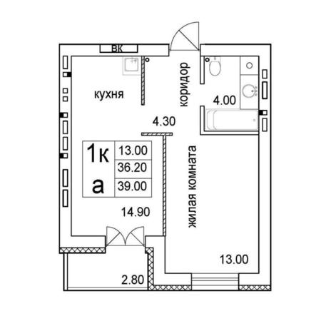 Вариант №12808, 1-комнатная квартира в жилом комплексе 