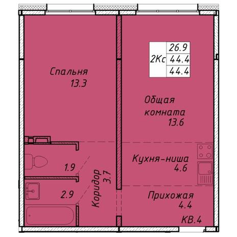 Вариант №6459, 2-комнатная квартира в жилом комплексе 