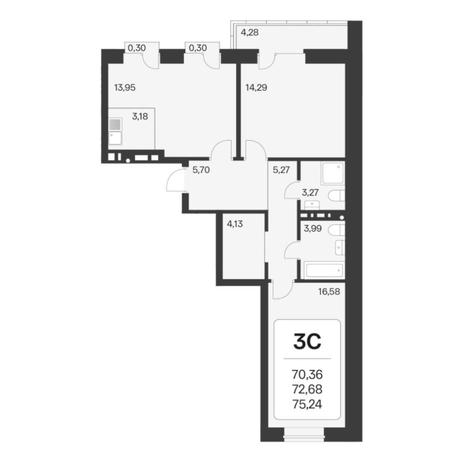 Вариант №6764, 3-комнатная квартира в жилом комплексе Облака