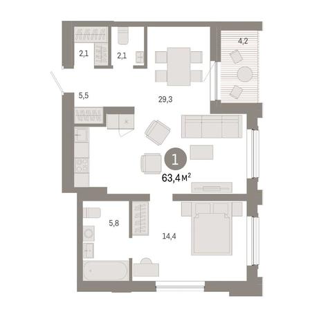 Вариант №14890, 1-комнатная квартира в жилом комплексе Авиатор