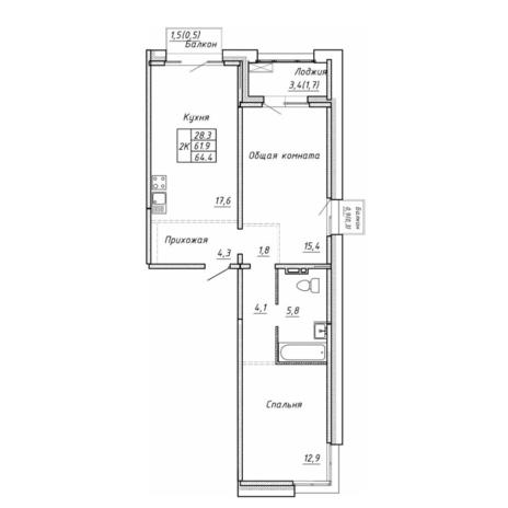Вариант №17740, 2-комнатная квартира в жилом комплексе Citatum