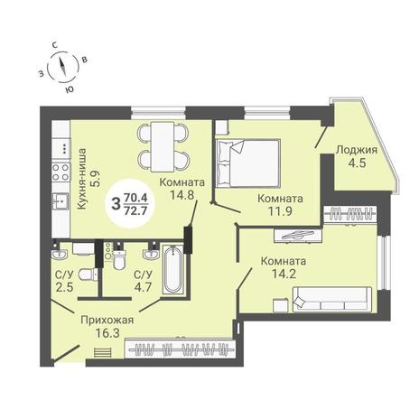 Вариант №10575, 3-комнатная квартира в жилом комплексе 