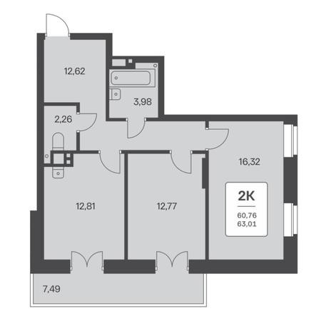 Вариант №6727, 2-комнатная квартира в жилом комплексе 