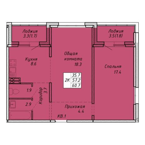 Вариант №6472, 2-комнатная квартира в жилом комплексе 