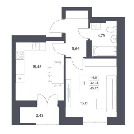 Вариант №14416, 1-комнатная квартира в жилом комплексе Фора