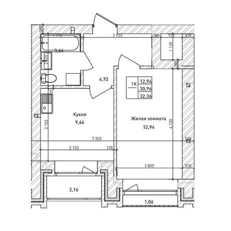 Вариант №14613, 1-комнатная квартира в жилом комплексе Нормандия-Неман
