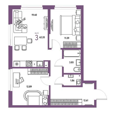 Вариант №15747, 3-комнатная квартира в жилом комплексе Нобель