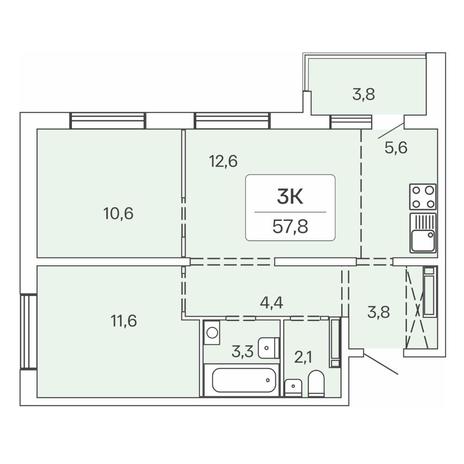 Вариант №7722, 3-комнатная квартира в жилом комплексе Сосновый бор