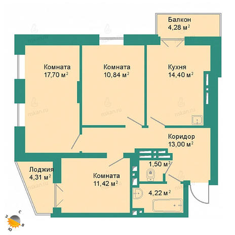 Вариант №2204, 3-комнатная квартира в жилом комплексе Расцветай на Гоголя