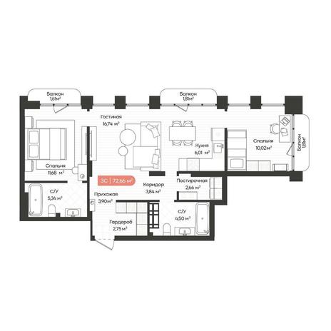 Вариант №14626, 3-комнатная квартира в жилом комплексе Da Vinci