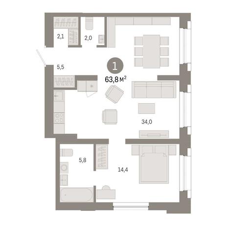 Вариант №14882, 1-комнатная квартира в жилом комплексе Авиатор
