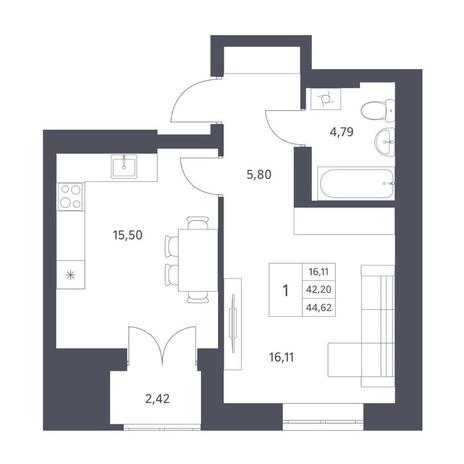 Вариант №14421, 1-комнатная квартира в жилом комплексе 