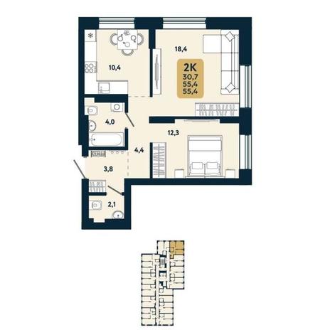 Вариант №15116, 2-комнатная квартира в жилом комплексе Первый на Рябиновой