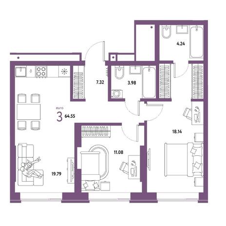 Вариант №15760, 3-комнатная квартира в жилом комплексе Марсель-2