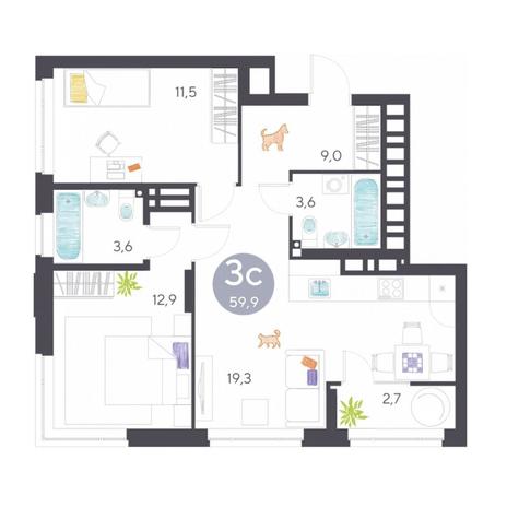 Вариант №7151, 3-комнатная квартира в жилом комплексе Марсель-2