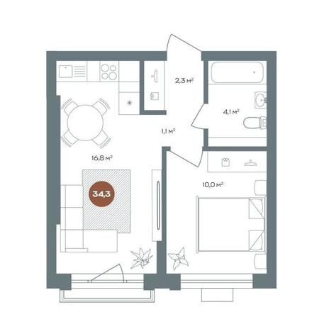 Вариант №11412, 1-комнатная квартира в жилом комплексе 