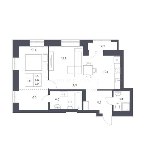 Вариант №11224, 2-комнатная квартира в жилом комплексе Новаторы