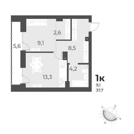 Вариант №12055, 1-комнатная квартира в жилом комплексе 