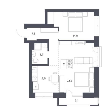 Вариант №11286, 2-комнатная квартира в жилом комплексе Новаторы