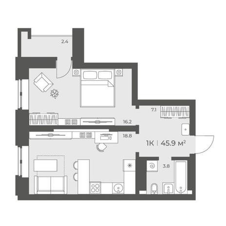 Вариант №12897, 1-комнатная квартира в жилом комплексе 