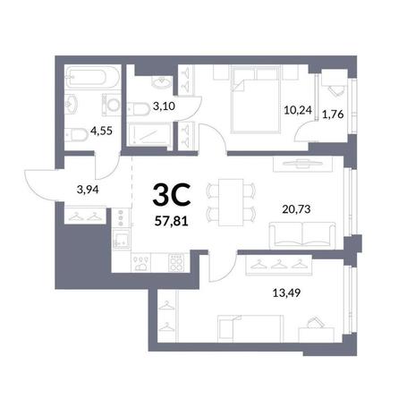 Вариант №12594, 3-комнатная квартира в жилом комплексе Спектр