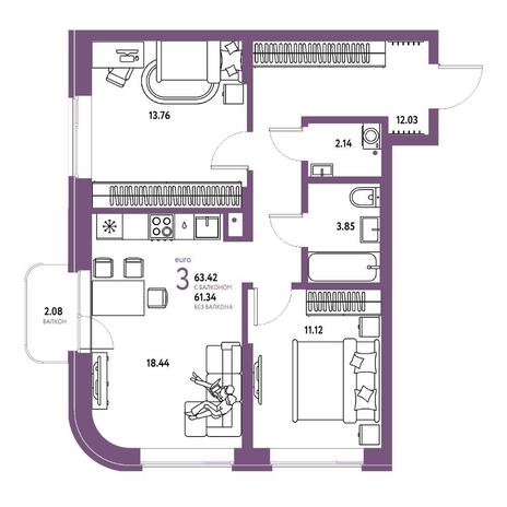 Вариант №15741, 3-комнатная квартира в жилом комплексе Беринг