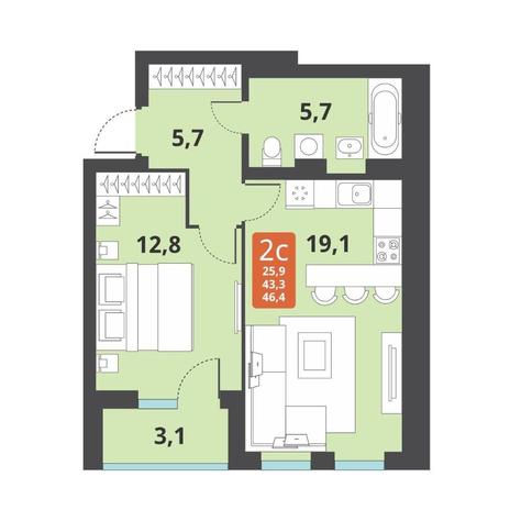 Вариант №12664, 2-комнатная квартира в жилом комплексе 