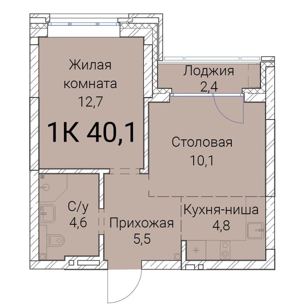 Планировка 1-комнатная площадью 40.1 м<sup>2</sup> в ЖК Тайм сквер