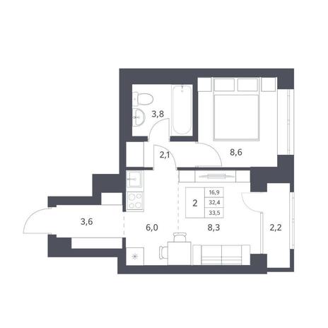 Вариант №11323, 2-комнатная квартира в жилом комплексе Новаторы