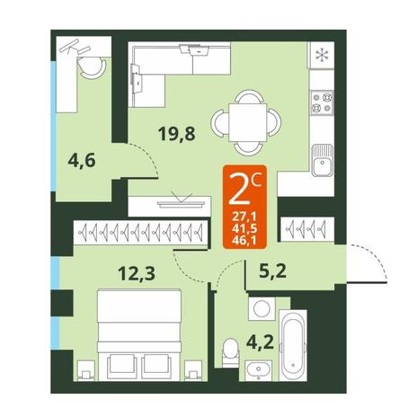 Вариант №13829, 2-комнатная квартира в жилом комплексе 