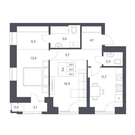 Вариант №11223, 2-комнатная квартира в жилом комплексе Новаторы