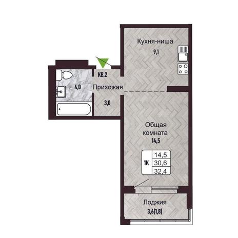 Вариант №14274, 1-комнатная квартира в жилом комплексе Ключевой