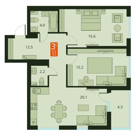 Вариант №7492, 3-комнатная квартира в жилом комплексе 