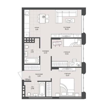 Вариант №15380, 2-комнатная квартира в жилом комплексе Марсель-2