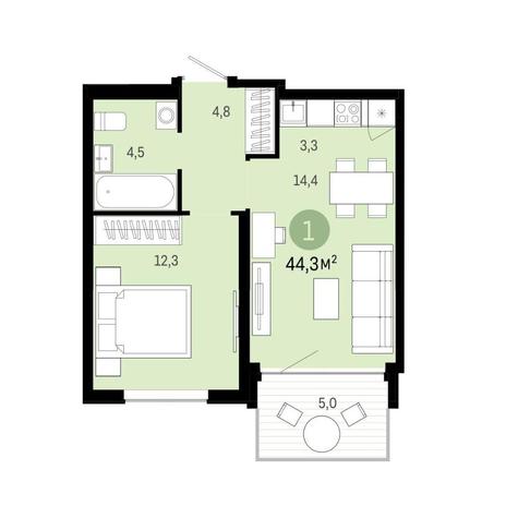 Вариант №9291, 1-комнатная квартира в жилом комплексе Расцветай на Красном