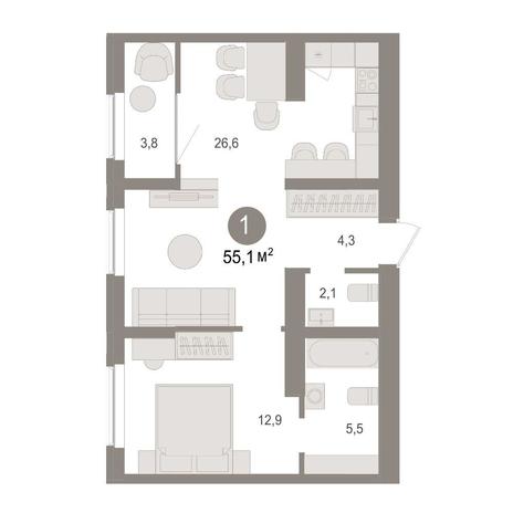 Вариант №15607, 1-комнатная квартира в жилом комплексе Первый на Рябиновой