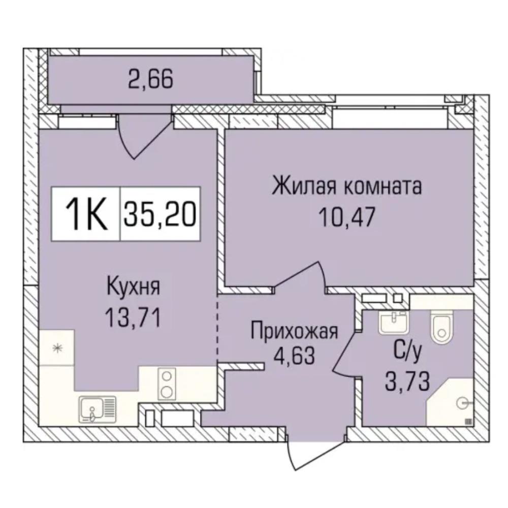 Двухкомнатная квартира 35.2 площадью в ЖК Цивилизация от застройщика