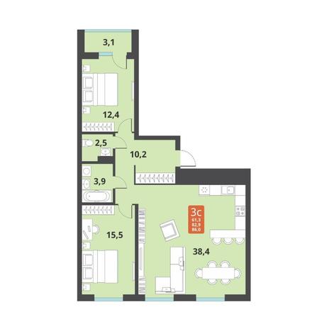 Вариант №12668, 3-комнатная квартира в жилом комплексе 