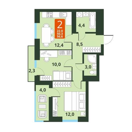 Вариант №13820, 2-комнатная квартира в жилом комплексе 