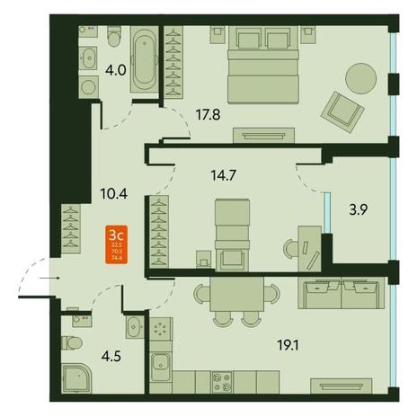 Вариант №8896, 3-комнатная квартира в жилом комплексе Tesla Park