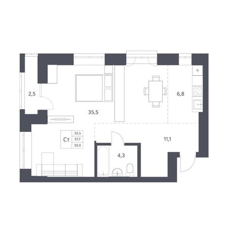 Вариант №11295, 1-комнатная квартира в жилом комплексе Новаторы