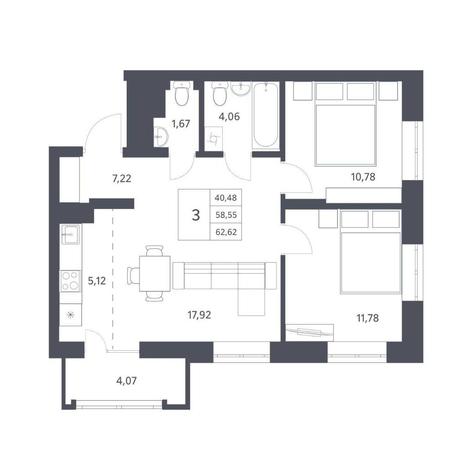 Вариант №11574, 3-комнатная квартира в жилом комплексе 