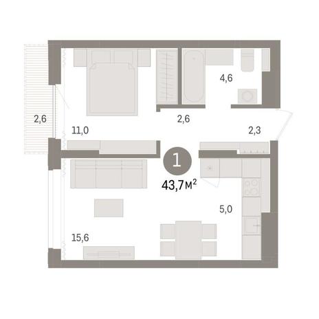 Вариант №8975, 1-комнатная квартира в жилом комплексе Авиатор
