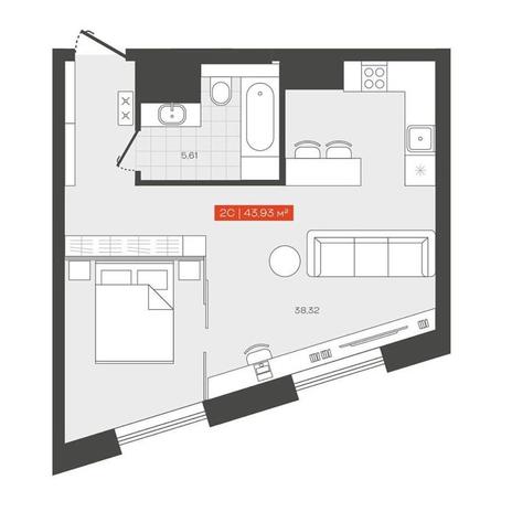 Вариант №13693, 1-комнатная квартира в жилом комплексе 
