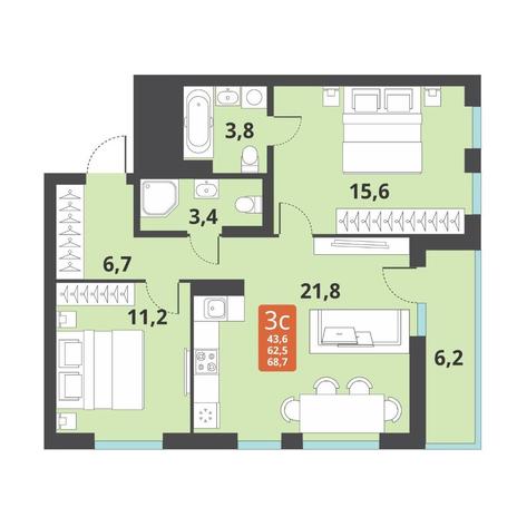 Вариант №12711, 3-комнатная квартира в жилом комплексе Тайгинский парк
