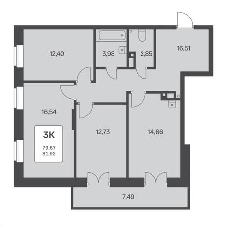 Вариант №6728, 3-комнатная квартира в жилом комплексе 