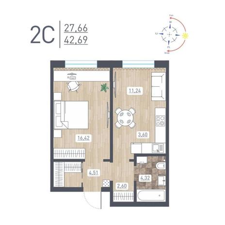 Вариант №13748, 2-комнатная квартира в жилом комплексе 