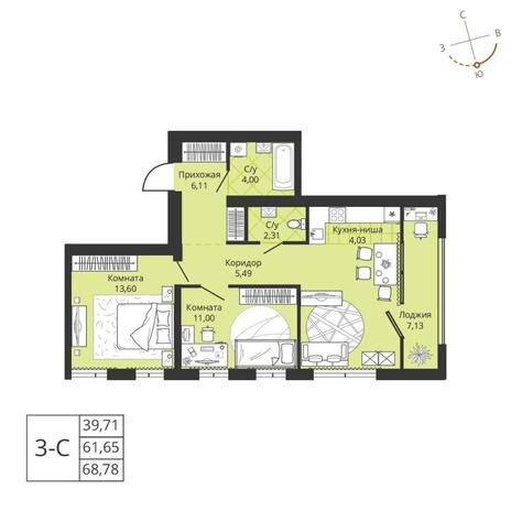 Вариант №7779, 3-комнатная квартира в жилом комплексе Авиатор